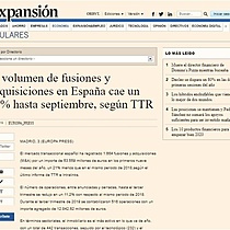 El volumen de fusiones y adquisiciones en Espaa cae un 21% hasta septiembre, segn TTR